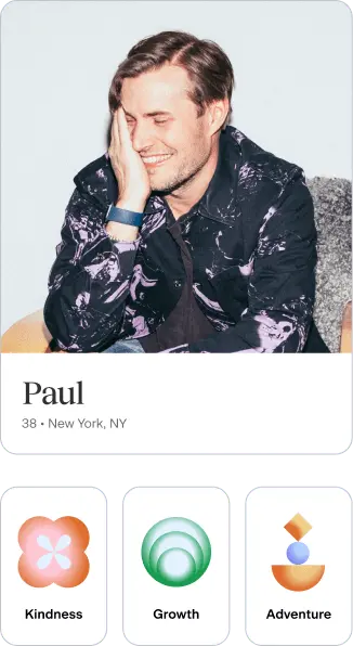 Paul is displaying his core values on his profile. He’s emphasizing kindness, growth and adventure.